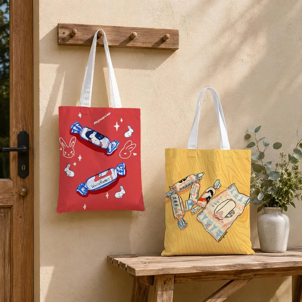 White Rabbit Illustration Storage Bags Large Structured Canvas Tote Bag Reusable Shopping Shoulder Bag Casual Handbag