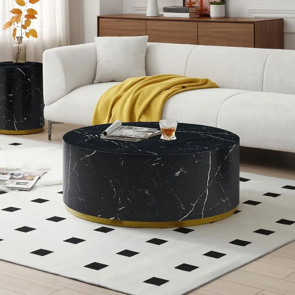 Modern Black Marble Coffee Table for Living Room Drum-Shape Coffee Table Round Cocktail Table with Gold Metal Base