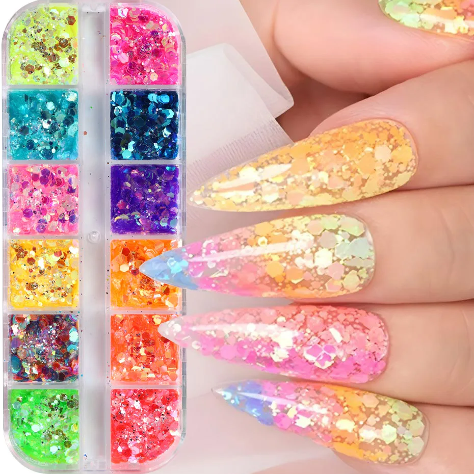 12 Grids Nail Art Glitter Sequins Mixed hexagon Heart Star Reflective Colorful Holographic Flakes Shiny Manicure Accessories