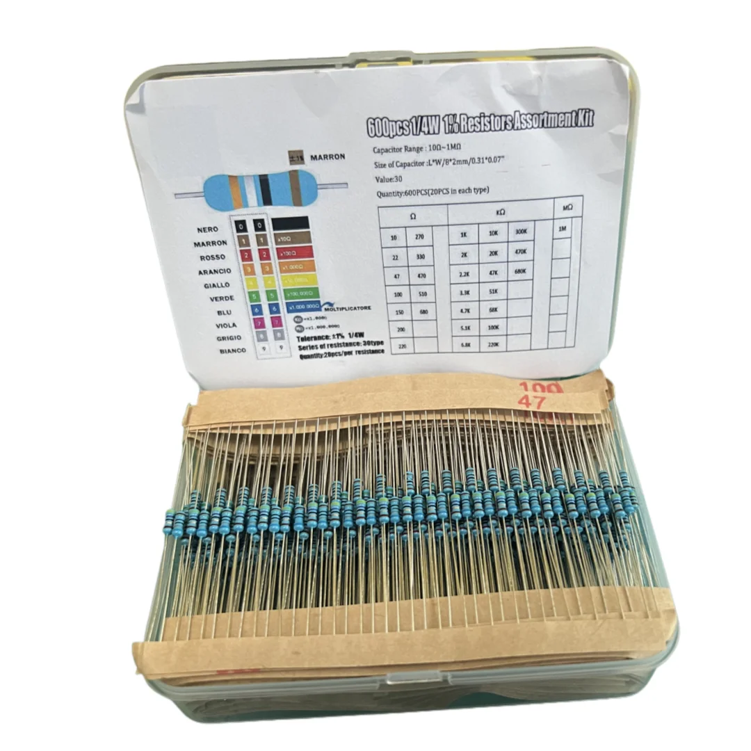 600PCS 1/4W Metal Film Resistor Kit, 1% Tolerance, Resistance Range 10Ω-1MΩ, 30 Types with 20 Pieces Each (Sample Kit)