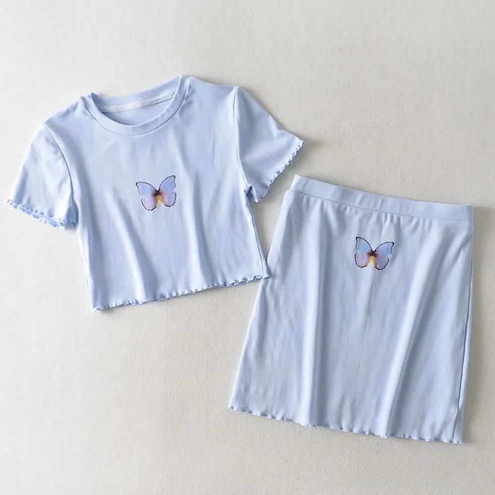 Rundes Ne ort Sve T-Shirt Top + hohe Taille elastischer Schlankheitsrock Print Set Baumwolle Sommer Faion Damen Ens...