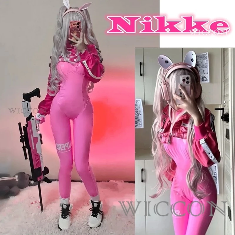 Game Nikke Alice Cosplay Costume Wig Shoes Sexy Latex Catsuit Bodysuit Pink Jumpsuit Jacket Suit For Women Girls Maillot