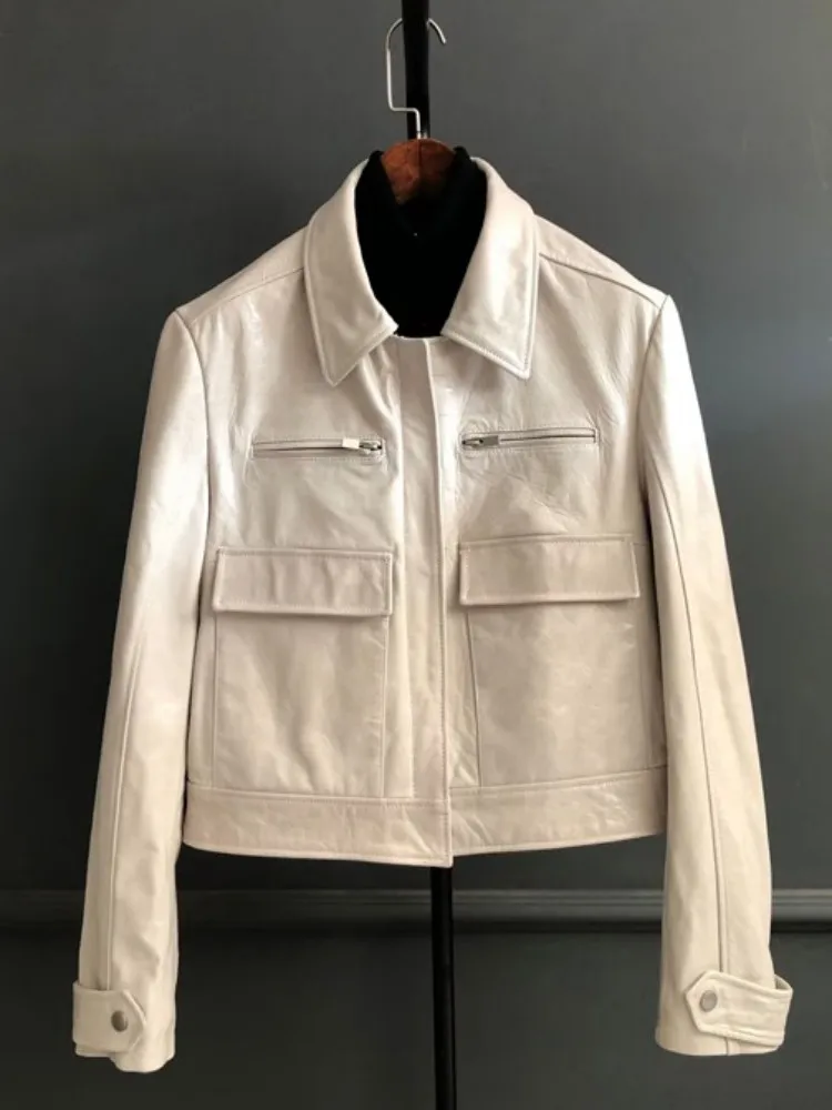 Damska kurtka biurowa ze skóry owczej, jednolity kolor, kołnierz, luźny krój, kieszenie, zamek błyskawiczny, długi rękaw, styl retro, odzież wierzchnia.