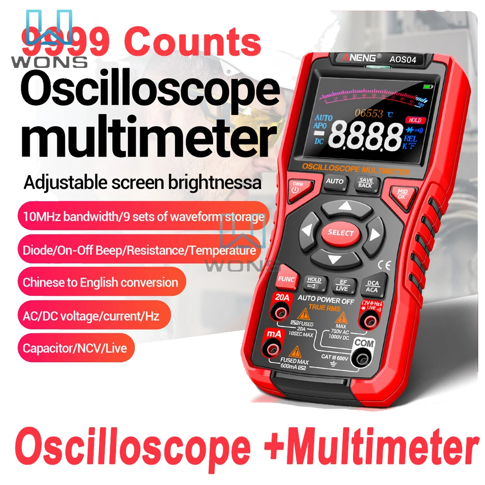 

Цифровой осциллограф-мультиметр 2 в 1 AOS04, частота дискретизации 50 мс/с, полоса пропускания 10 МГц, поддержка формы сигнала, инструмент для тестирования напряжения переменного/постоянного тока