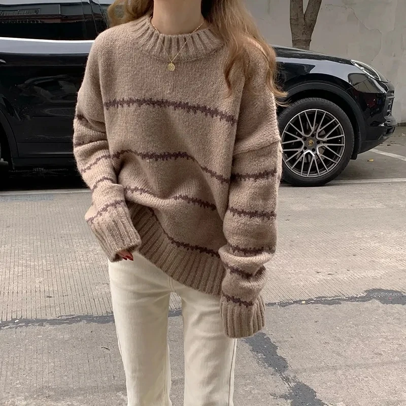 Vintage Women Striped Thick Warm Knitted Jumper Fall Winter Mock Neck Sweater Harajuku Casual Loose Oversize Female Pullover