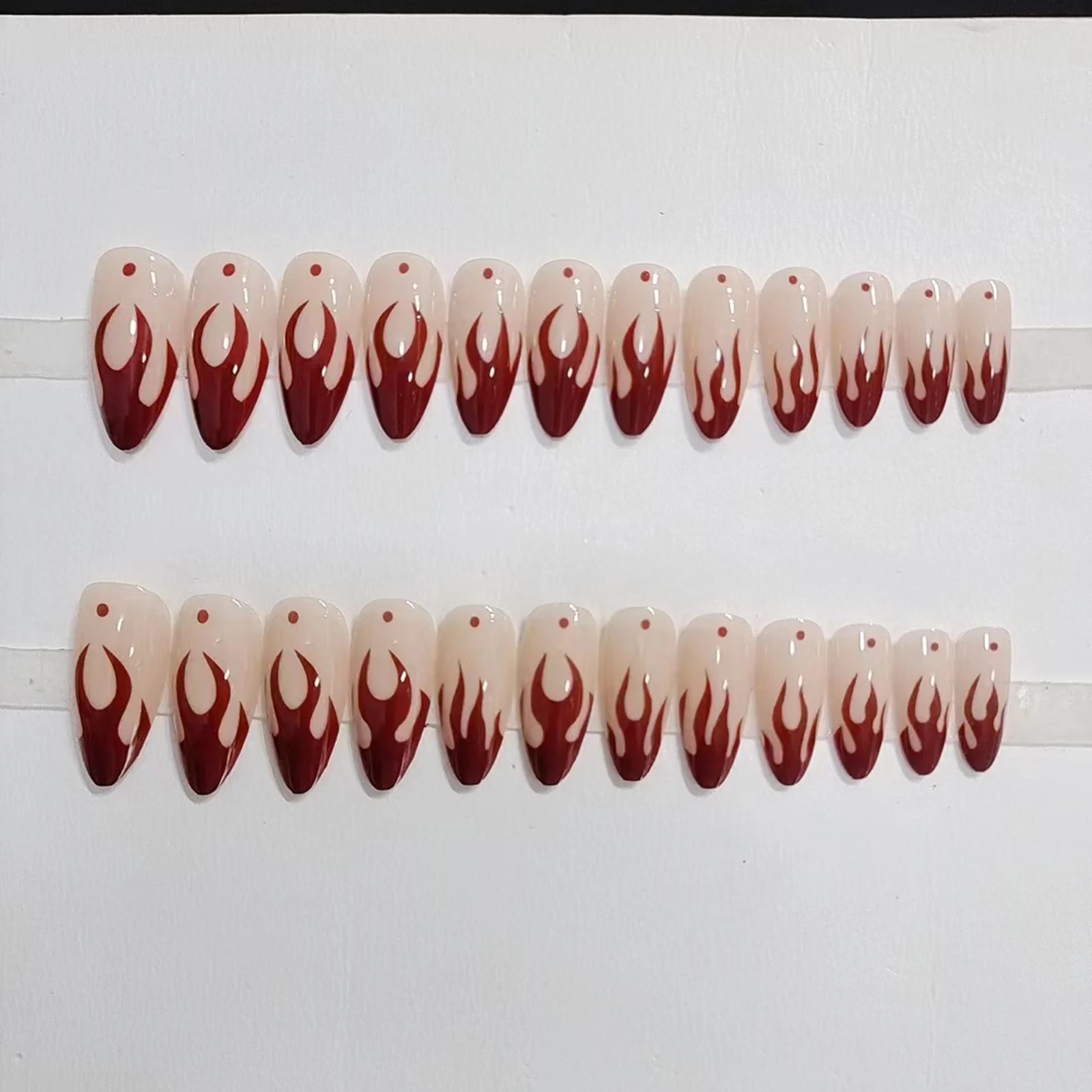 

Nude Color Almond Fake Nails Red Flame Pattern 24Pcs Spicy Girls Charm Manicure Full Cover Nails Press On Simple False Nails Art
