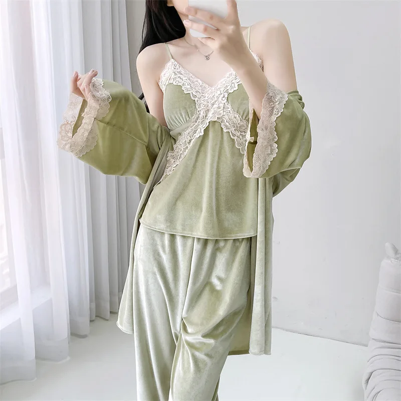 Sexy Patchwork Lace Intimate Pijamas Suit Autumn New Women's 3PCS Pajamas Set Sleepwear Loose Velour Home Clothes Loungewear