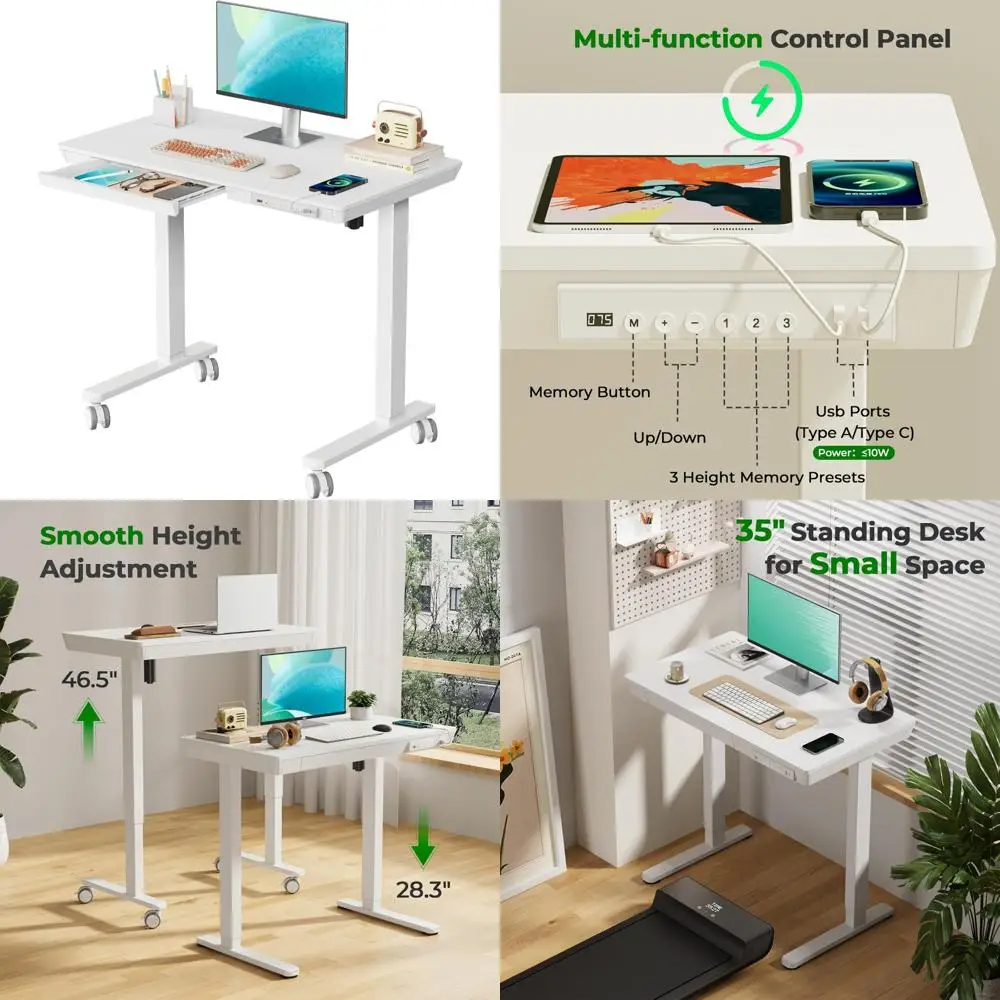 Electric Height-Adjustable Desk with Storage: 35" x 20" Compact Standing Desk