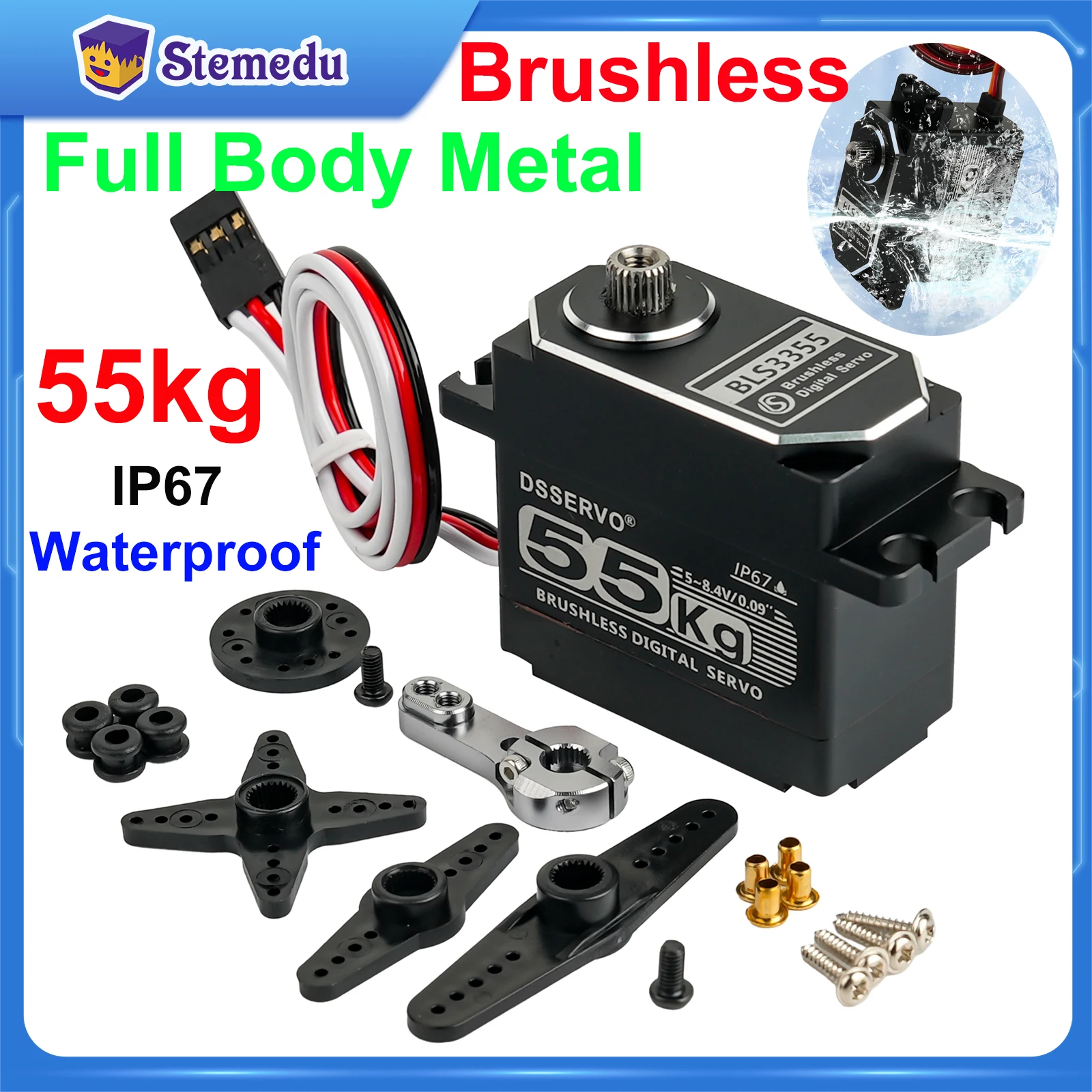 

55kg Brushless Servo High Speed RC Digital Servo Waterproof IP67 Full Metal 180/270/360 Servos Motor for 1/8 1/10 RC Car Crawler