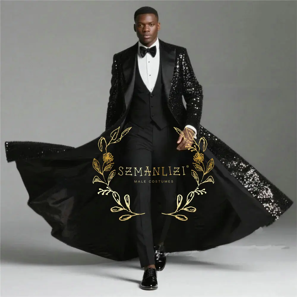 Burgundy Shiny Sequin Suits Men 3 Pieces Sets Single Breasted Groom Long Blazer Costume Homme Wedding Tuxedo Male Clothing
