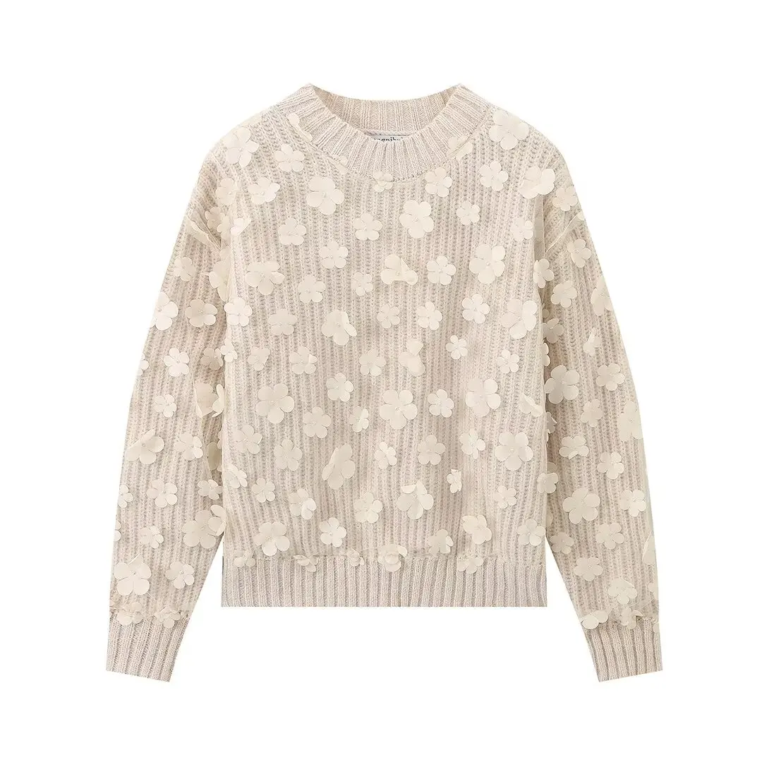 Flower decoration sweet fashion all-match round neck pullover sweater women\'s niche design sweater