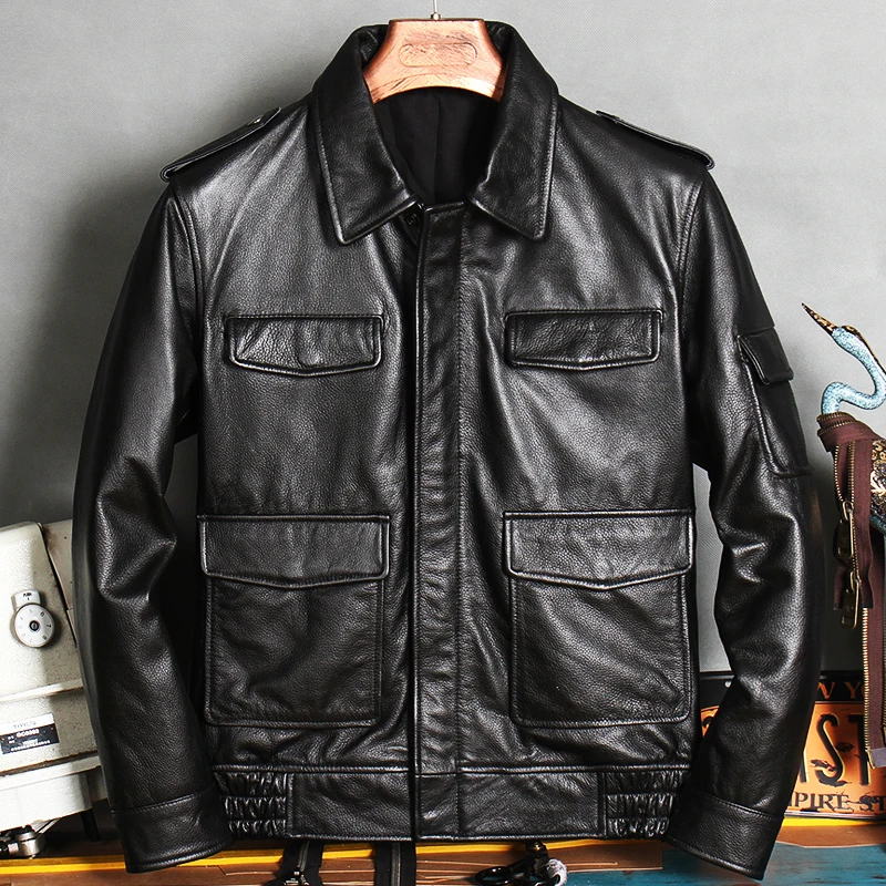 Urban Baron Genuine Leather Jacket Men's Slim Fit Workwear Style Motorcycle  Coat Multiple Pockets Fashionable Short Coat