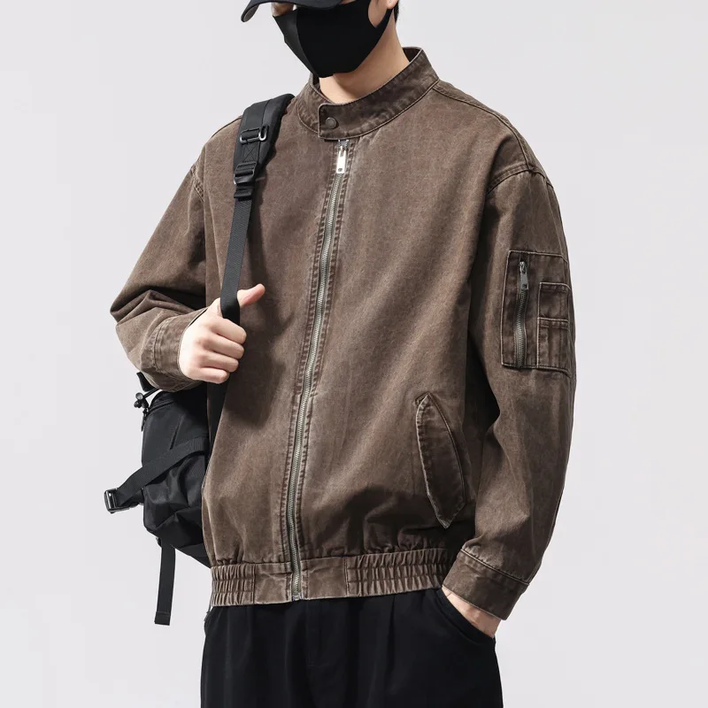 2026 Autumn New Japan Retro Stand Collar Workwear Jackets Men Korean Fashion Casual Loose Zipper Bomber Jacket Coat Streetwear