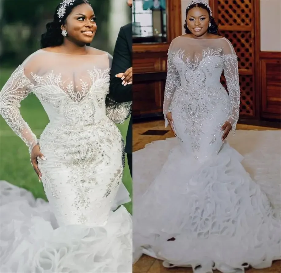 

Customized Plus Size Arabic Aso Ebi Beaded Crystals Wedding Dress Luxurious Illusion Long Sleeve Mermaid Tiers Organza Bridal Go