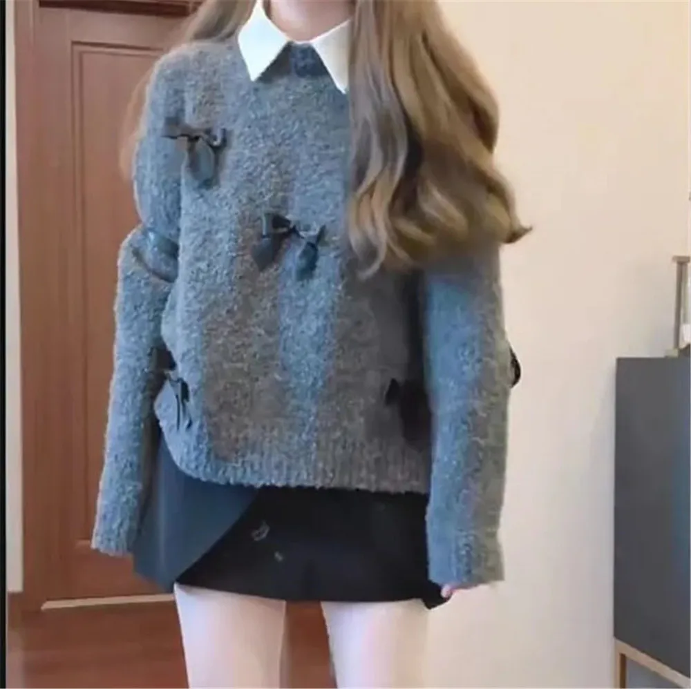 

2024Autumn Winter Women Crew-neck Solid Color Knitted Pullover Sweater Bow Decoration Puff Long Sleeve Loose Knitwear Jumper