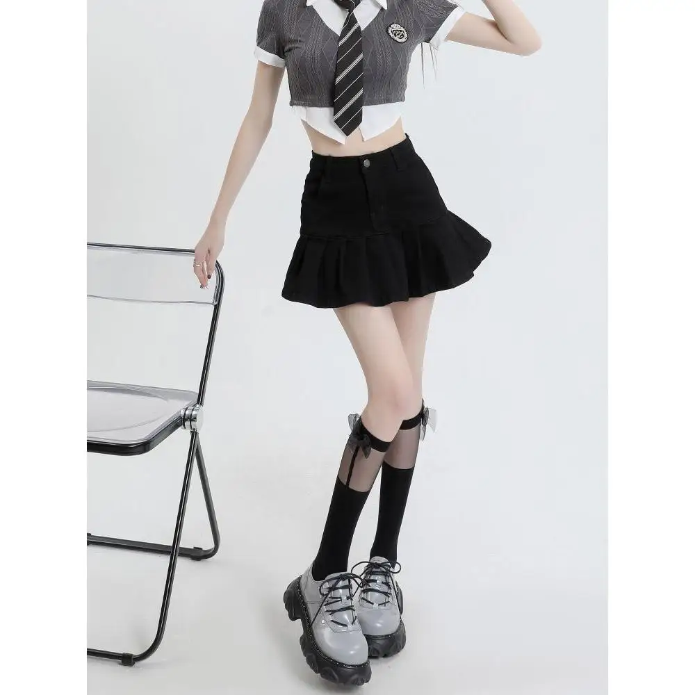 

Bla Denim Skirt Women Summer American High Waist A-Line Pleated Small Size Bodycon Sexy Girl Anti-Light f-length Skirt