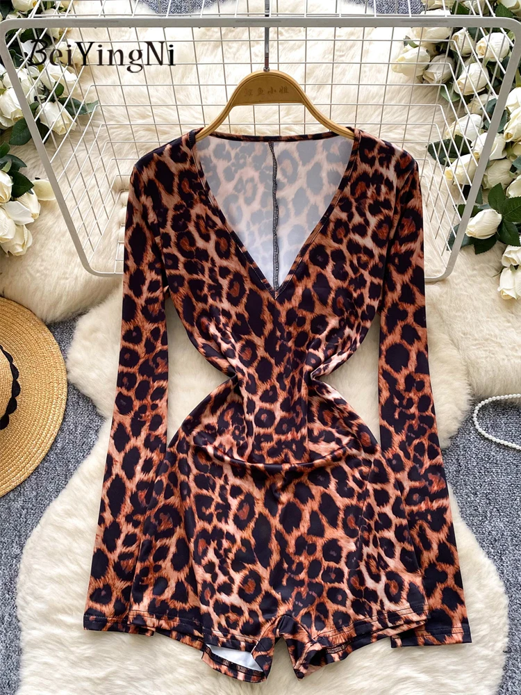 

Beiyingni 2022, весенне-осенние женские комбинезоны с v-образным вырезом, узкие боди с леопардовым принтом и длинными рукавами Y2K, повседневные винтажные комбинезоны