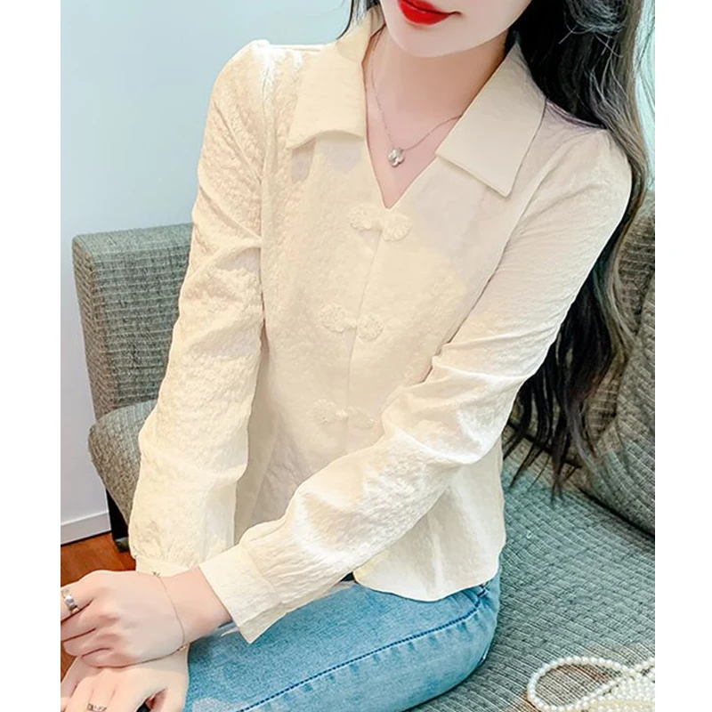 Women Clothing Spring Autumn Trendy Vintage Chic Sweet Button Shirts Elegant Solid V Neck Blouses Female Casual Long Sleeve Tops