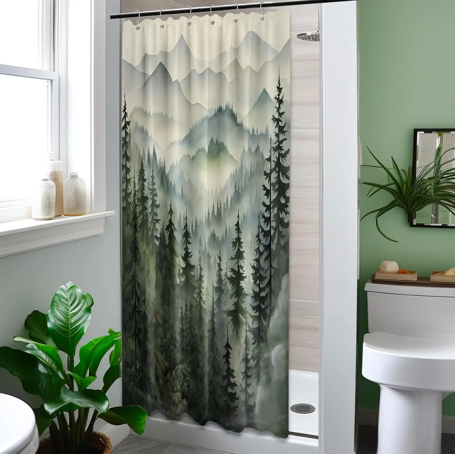 

Mountain Shower Curtain Green Forest Nature Shower Curtains for Bathroom Rustic Woodland Pine Tree Landscape Bath Decor Sets