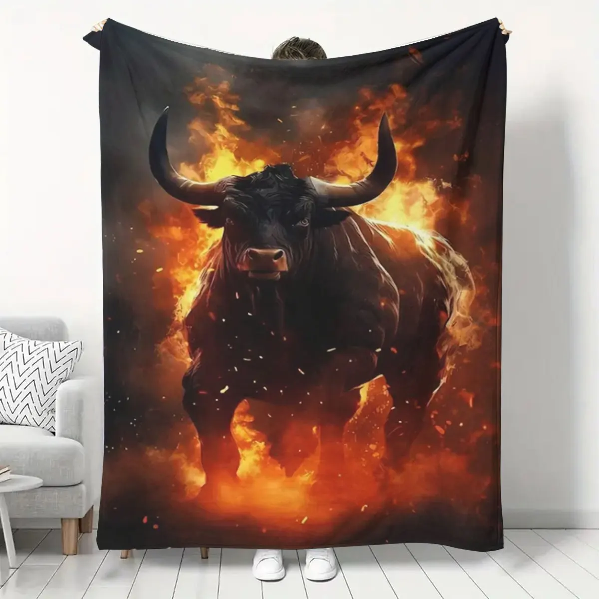 Massive Fiery Bull Print Throw Blanket for Living Room Home Decor Gift for Men Masculine Roaring Animal Art Fleece Throw Blanket