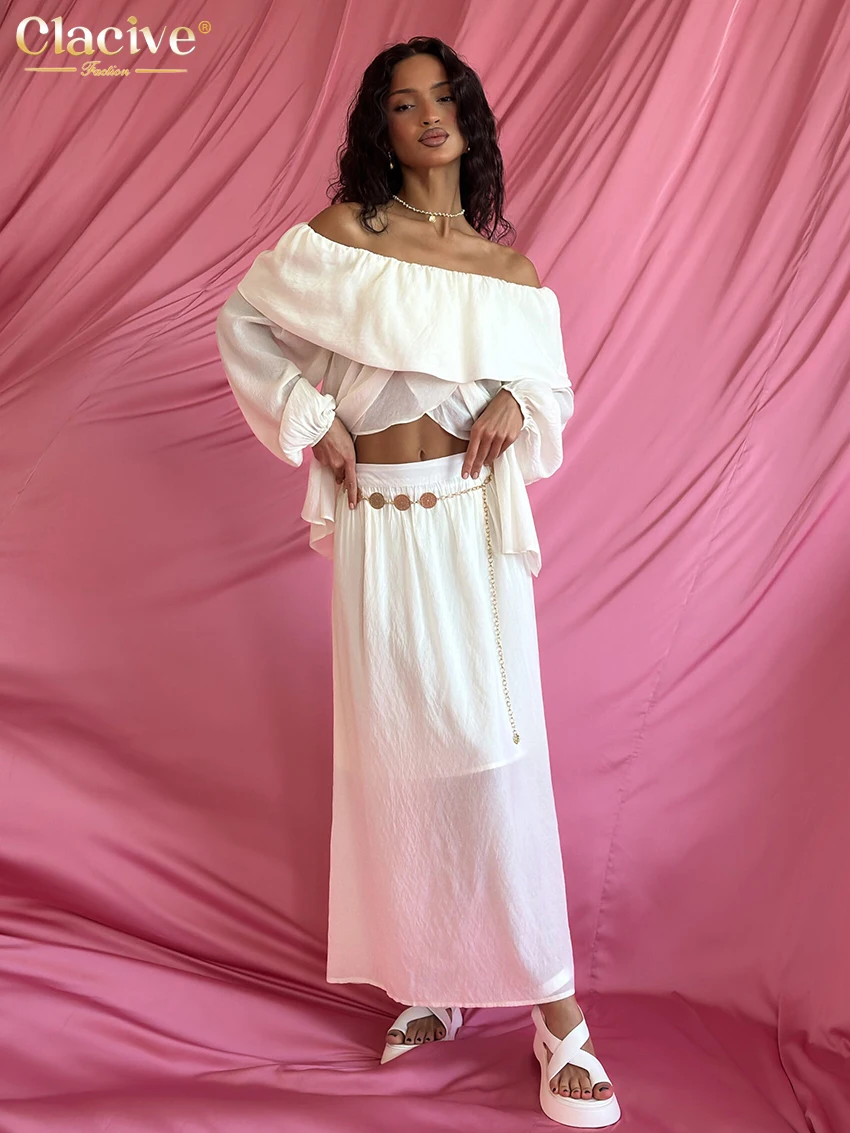 

Clacive Fashion Loose White 2 Pieces Set For Woman 2025 Elegant Long Sleeve Crop Top With High Waist Long Skirt Set Female