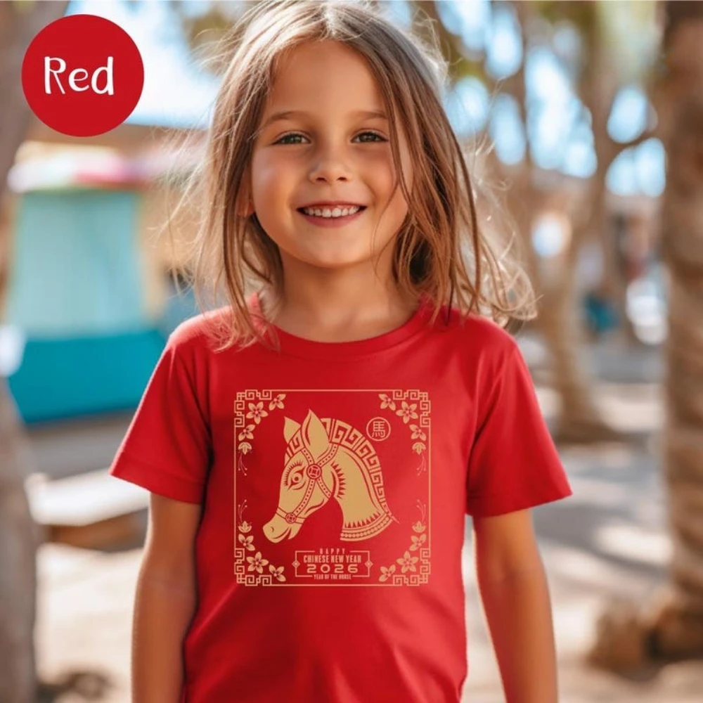 Jahr des Pferdes Kinder T-Shirt Chinesisches Neujahr 2026 Shirt Kreatives Design Sternzeichen bedrucktes T-Shirt Jungen und Mädchen Urlaubsoberteile