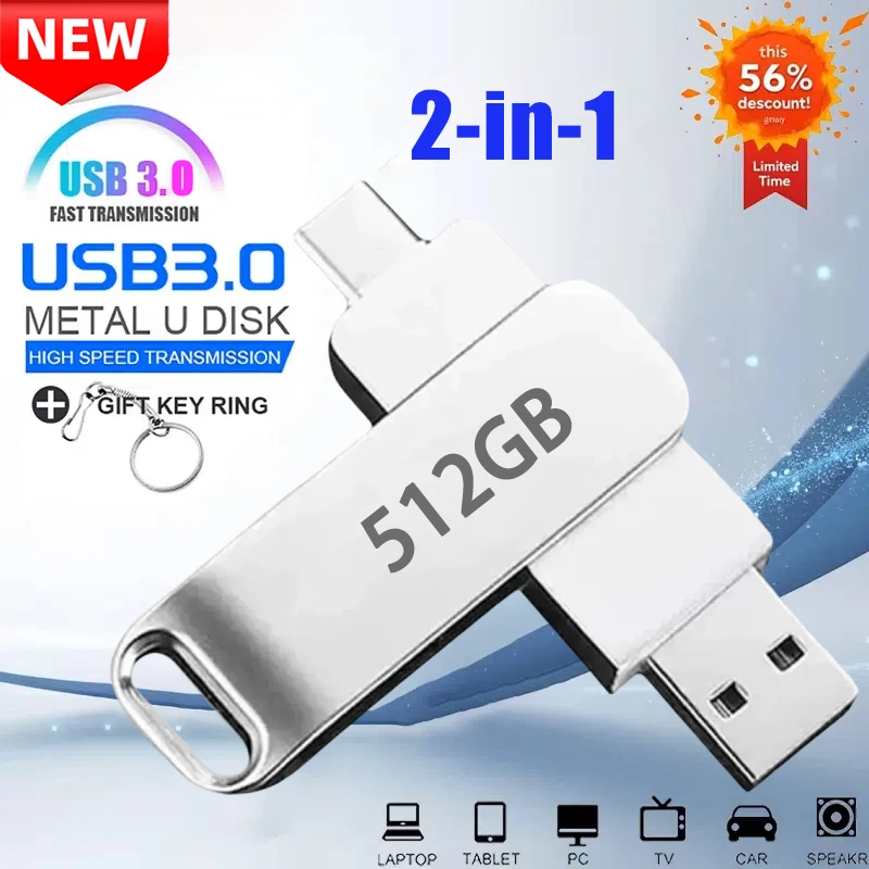 NEW USB3.2 USB Flash Drive 512GB OTG Pen Drive High Speed Type-C Flash Disk Real Capacity Metal Pendrive For Phone Computer
