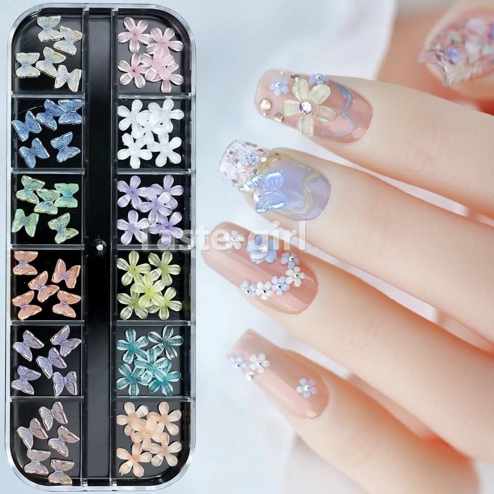 12 Grids Mixed Designs 3D Acrylic Flower Butterfly Charms For Nails Art Decorations Resin Manicure Decor Supplies Accessories