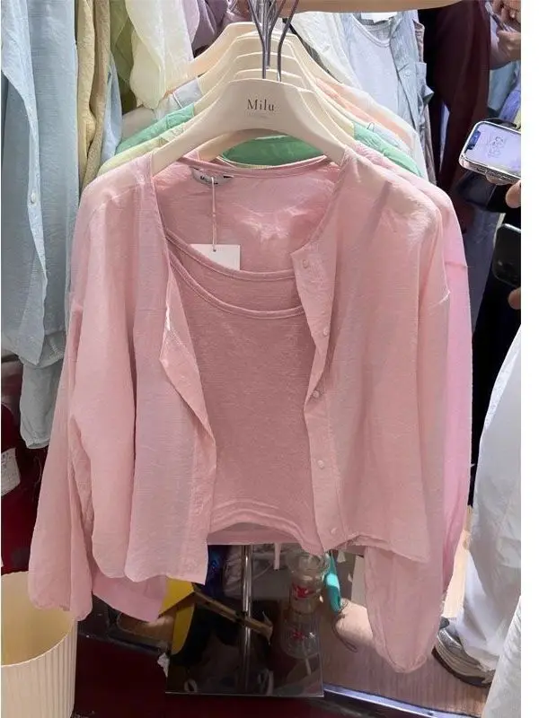 

Корейская тонкая женская рубашка с длинным рукавом и круглым вырезом, защита от солнца, летняя новинка, простой однотонный повседневный деловой стиль