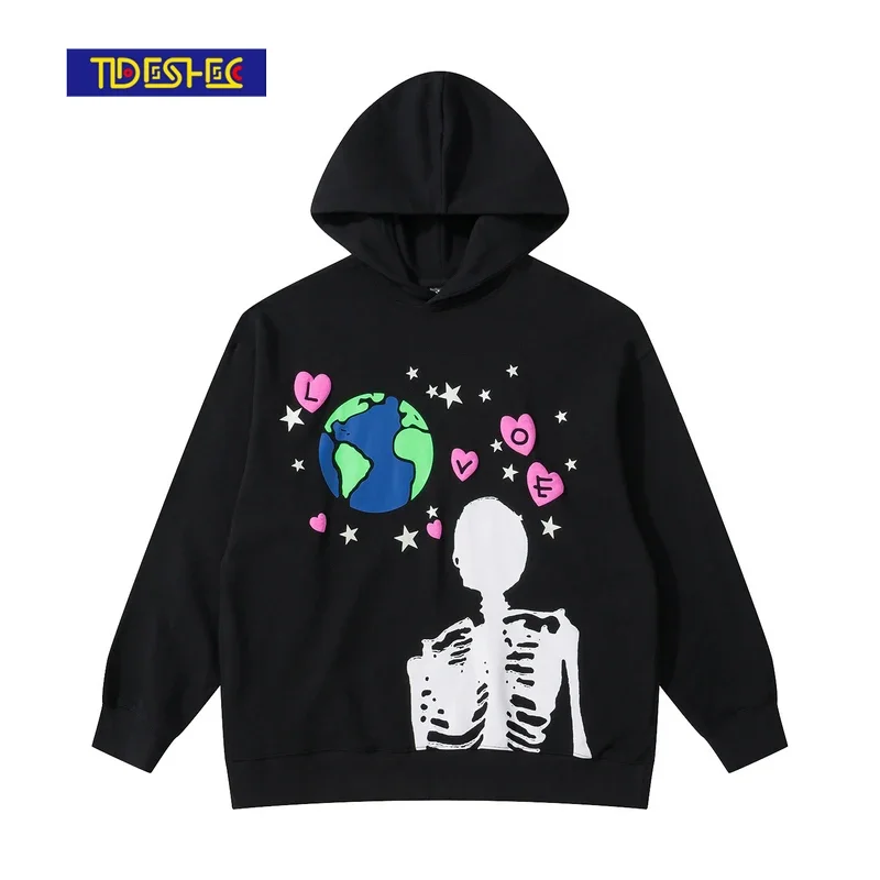 Tideshec Harajuku Earth skull print Loose Hoodie Hooded Sunscreen Jacket 2024 Black Retro Streetwear Men's Fashion Tops