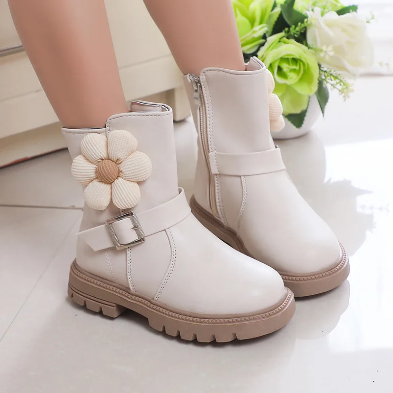 

Girls Ankle Boots 2024 New Kids Fashion Buckle Design Leather Boots Waterproof Non-slip Children Princess High Top Knight Boots