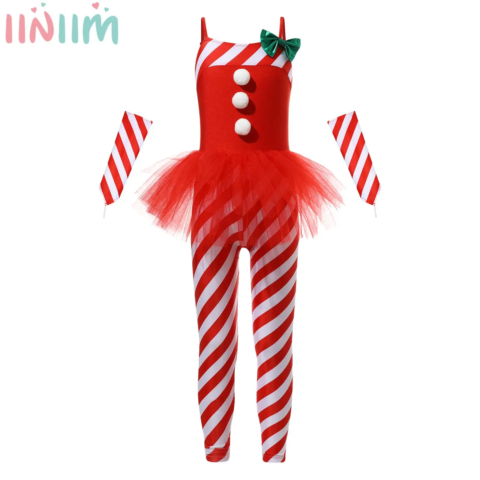 Girls Christmas Candy Cane Costume Sleeveless Stripes Print Tulle Peplum Long Jumpsuit with Arm Sleeves Set for Xmas Party