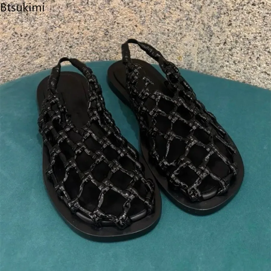 New Fashion Women's Summer Weaving Hollow Out Flat Heels Leather Fishnet Slippers Elegant Comfortable Casual Dress Mules Sandals view 2