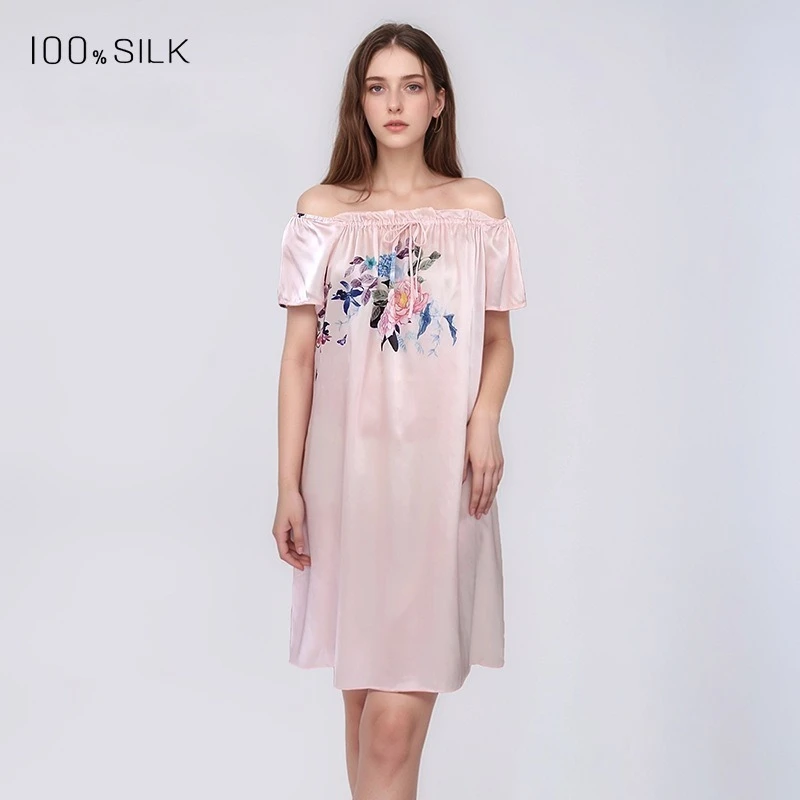 2026 French Silk Nightdress 100% Mulberry Silk Elegant Shoulder Loungewear Doll Dress Floral Printed Nightgown Sleepwear OneSize