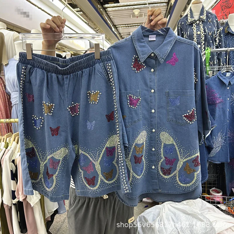 أزياء الربيع الصيف النساء الدنيم مجموعات الساخن الحفر فراشة فضفاضة قصيرة الأكمام قميص أعلى + الخرز مرونة الخصر واسعة الساق السراويل