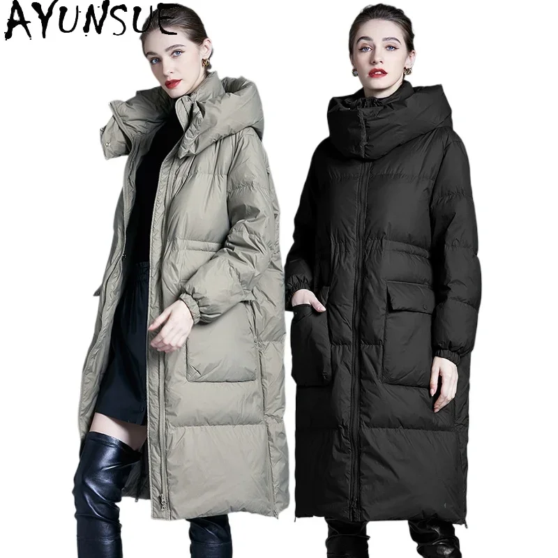 AYUNSUE White Duck Down Puffer Jacket Women Fashion Long Down Coats with Hood 2024 Winter Luxury Clothes Loose Fit Пуховики