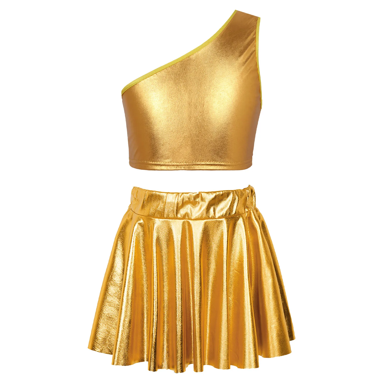 Children Hiphop Jazz Dance Costume Kids Metallic Outfits Girls Two Pieces Suits Crop Top with Skirt Performance Dancewear Sets