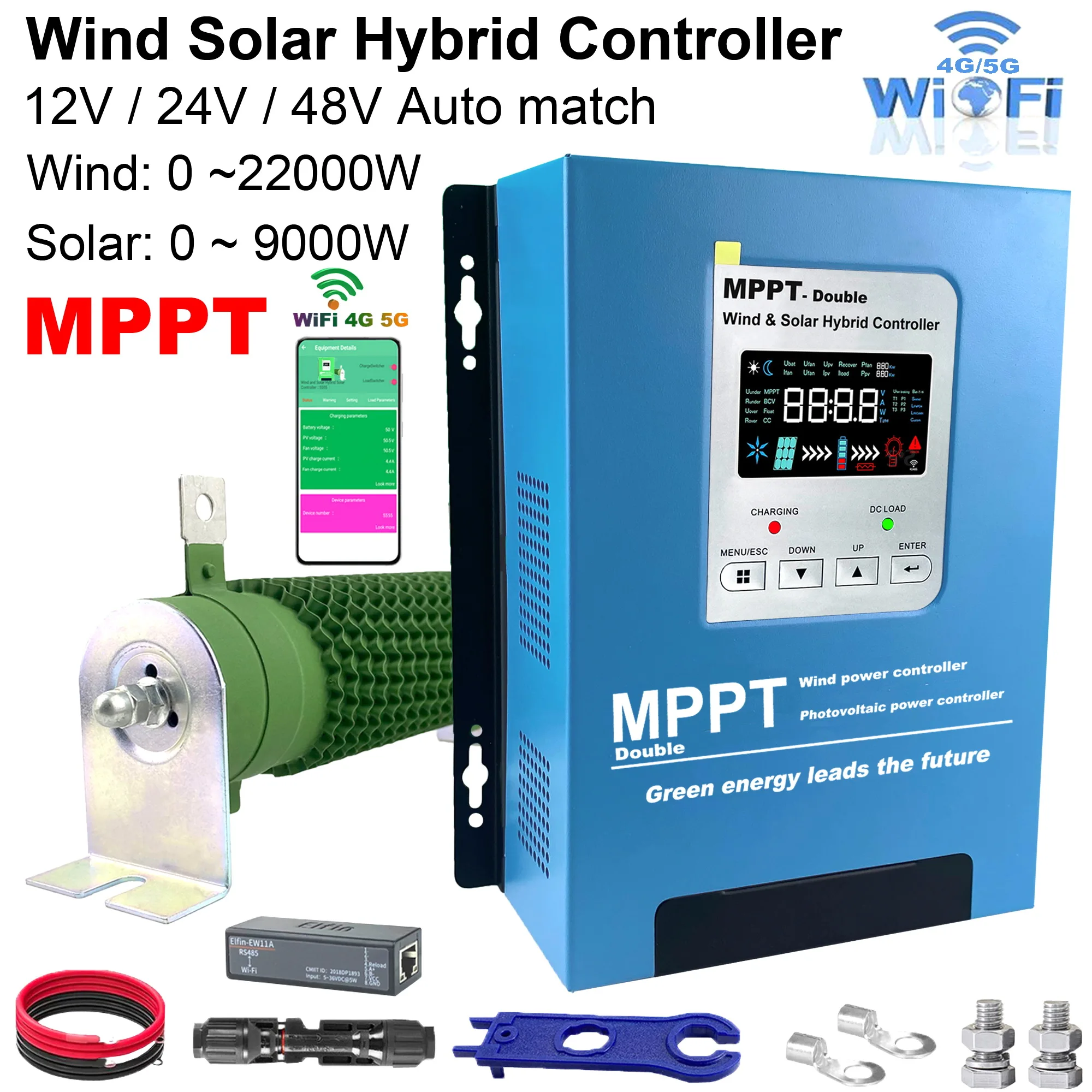 

Гибридный контроллер заряда MPPT для ветровых и солнечных систем, 3000 Вт (ветер) / 5 кВт (солнечные панели), 12/24/48 В, автоматический, с функцией сброса нагрузки и опциональным Wi-Fi