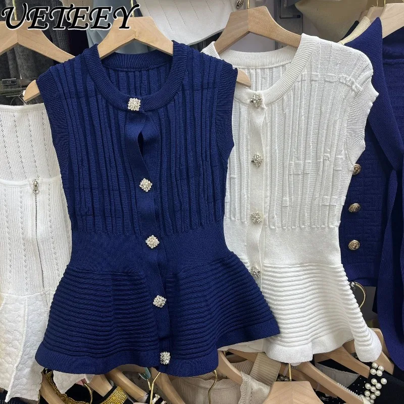 

French Style Sleeveless Knitted Vest for Women Summer Cardigan Outerwear High-End Slim Waist Single-Breasted Tank Tops