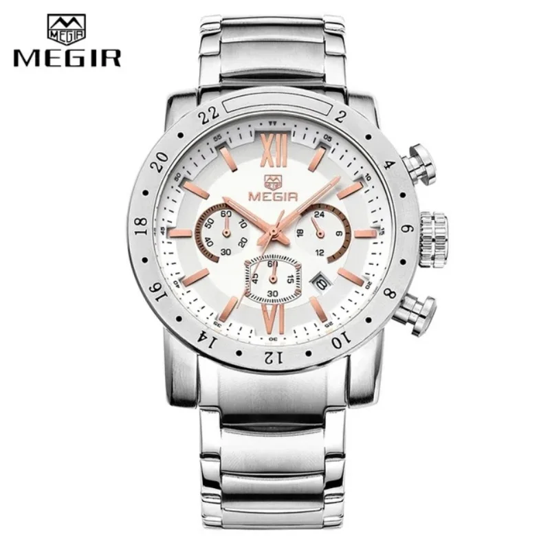 

MEGIR 3008 Men's Quartz Watch Fashion Casual Business Watches Multi-function Waterproof Steel Strap Chronograph Date Wristwatch