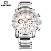 MEGIR 3008 Men's Quartz Watch Fashion Casual Business Watches Multi-function Waterproof Steel Strap Chronograph Date Wristwatch