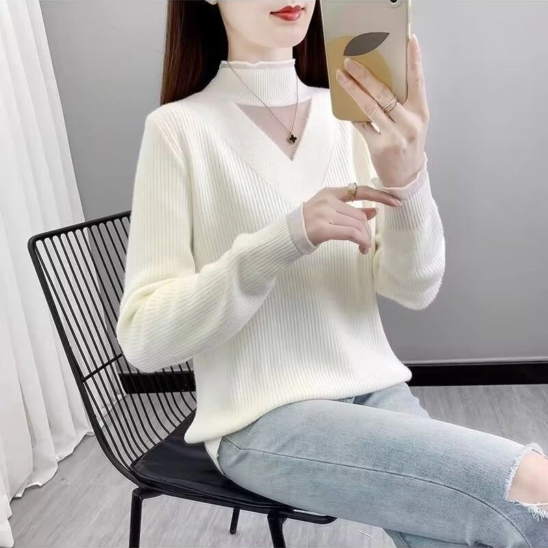 EBAIHUI Half High Collar Lace Women's Bottoming Shirt Solid Color Hollow Design Ladies Pullover Winter Thick Warm Top