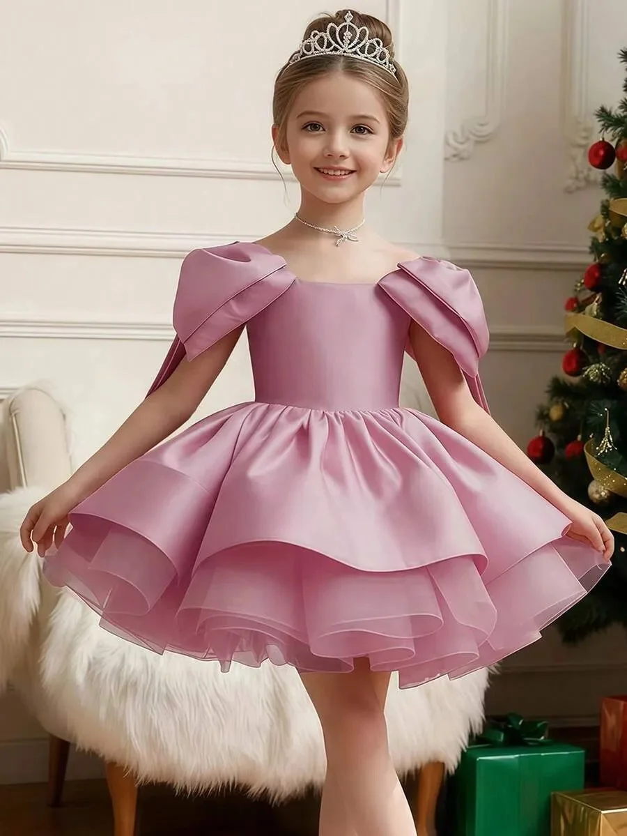 Girls formal wedding dress simple pink satin flower girl dress square neck bow sleeve multi-layer pleated ruffle dress custom
