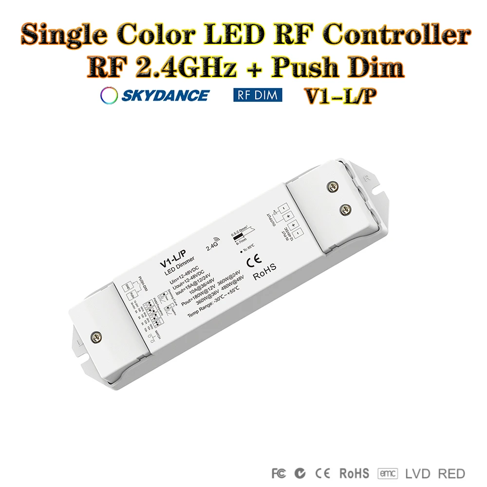 

Skydance V1-L/P DC12-48V 2,4 ГГцRF + Push Dim автоматическое передае/синхронизация 0-100% контроллер затемнения для одноцветной светодиодной ленты