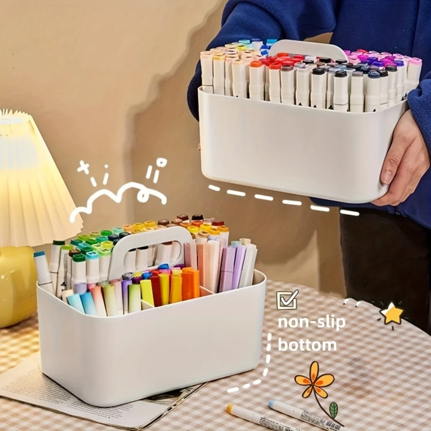 Portable Plastic Basket with Handle, Desktop Stationery Organizer, 5 Compartment Pen Pencil Box for Room Bedroom Living Classroo