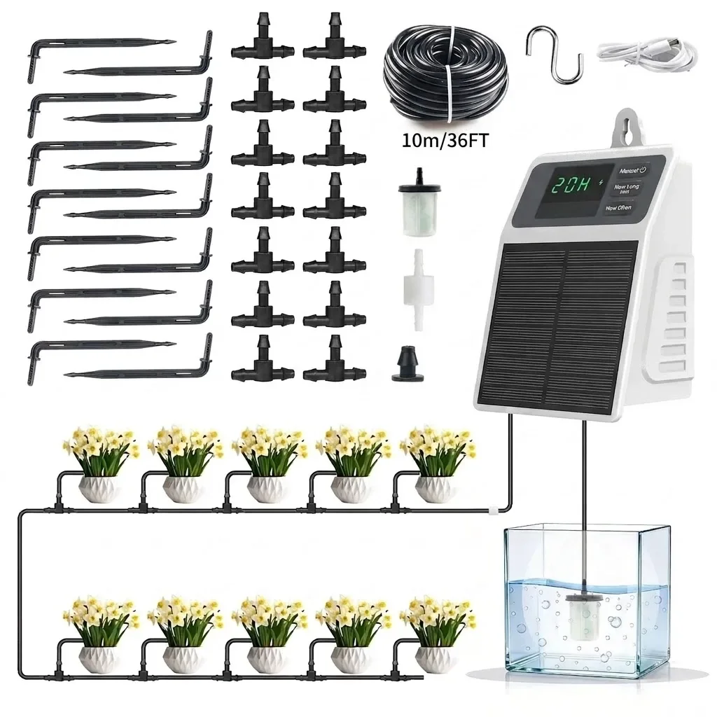 Upgraded Solar Drip Irrigation System Automatic Watering Plants Supplies for Home Garden Balcony Greenhouse Hanging Planters