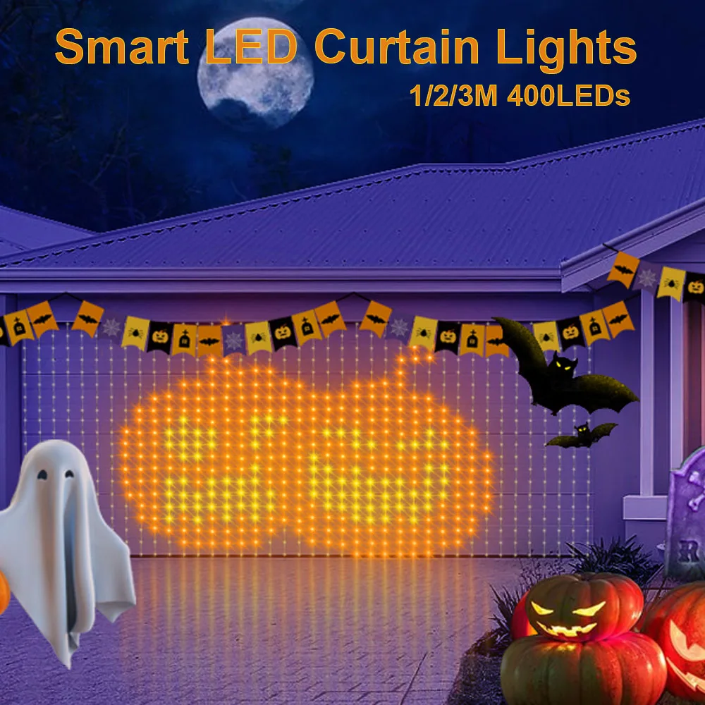 

400LEDs Smart Curtain Lights 9.8x9.8Ft with App Control Color Changing Dynamic DIY Curtain String Lights for Halloween Christmas