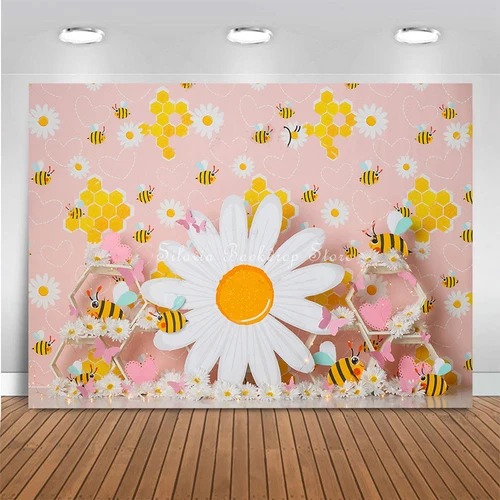 Imagen 2 del producto Fondo fotográfico de flores de Margarita blanca, mejor abeja, accesorios de estudio fotográfico de miel dulce, pastel de cumpleaños para niños, fondos de fotografía Smash