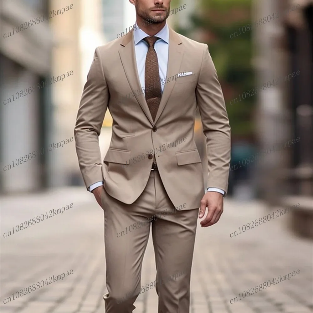 

Fashion Khaki Formal Occasion Men Business Suit Groom Groomsman Wedding Party Prom Male Tuxedos 2 Piece Set Blazer Pants