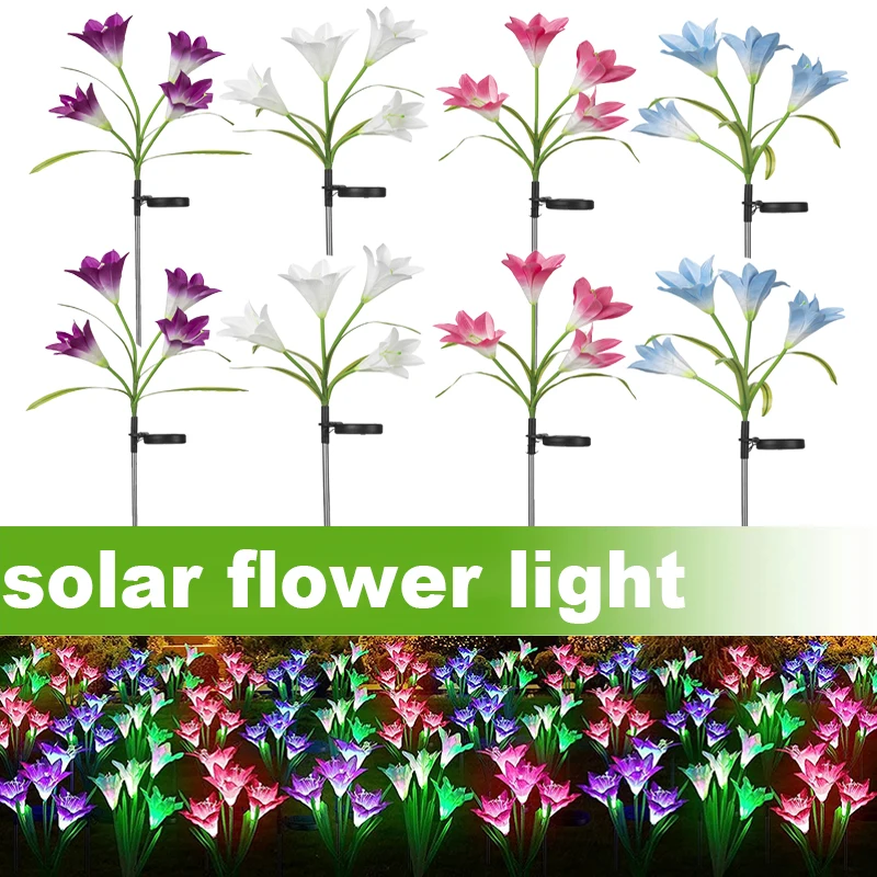 Luces solares de jardín con flores de lirio, luces impermeables que cambian de 7 colores para Patio al aire libre, decoración de jardín